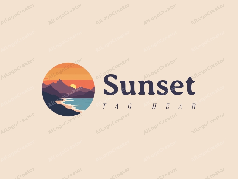 vintage design features a stylized sunset over a serene coastline with mountains in the background, using a harmonious blend of orange and purple colors, combined with a clean and simple layout.