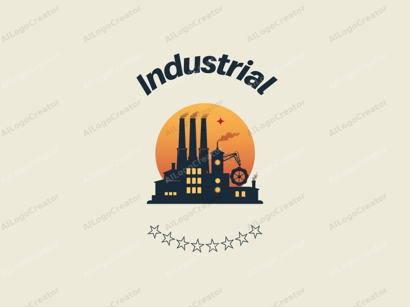 modern design features a stylized factory silhouette, interlocking gears, and pipes, combined with a clean background and a harmonious composition.