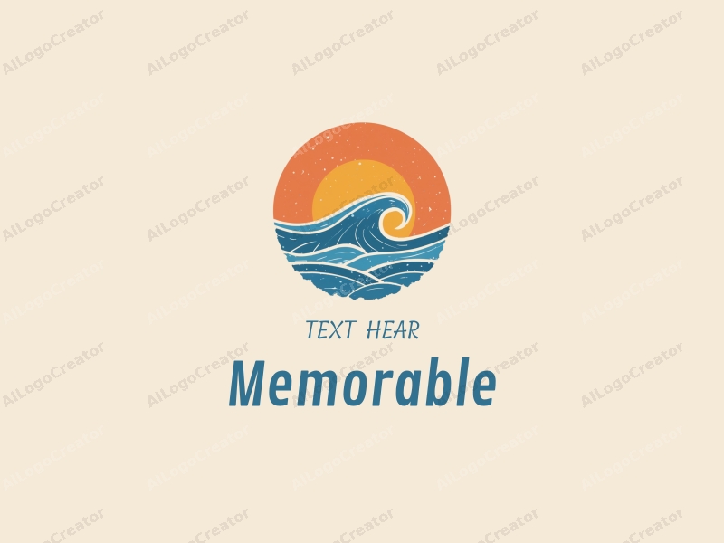 playful design features iconic symbols of memories, ocean waves, and surfing elements combined with a clean background in blue and orange colors.