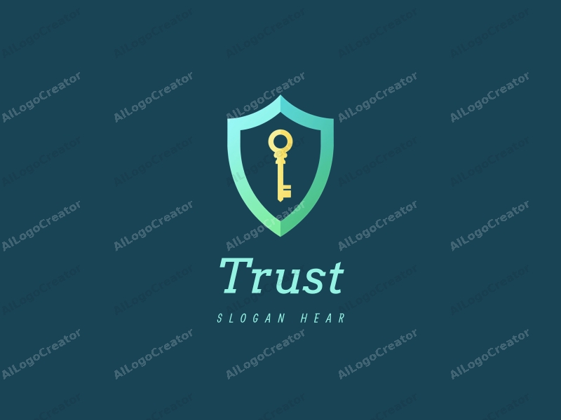 modern design features a stylized key and shield, symbolizing trust and safety, combined with a clean background in blue and green tones.