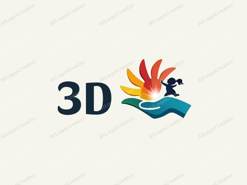 a modern design featuring a colorful 3D hand interacting with a playful child, incorporating dynamic elements that convey movement and creativity, set against a clean background.