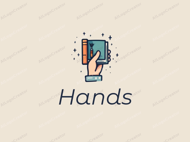 a modern design featuring a hand holding a paintbrush and a book, with a clean background and a focus on simplicity and harmony.