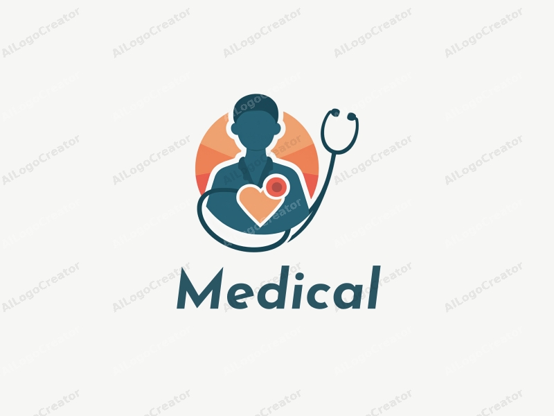 modern design features a stylized hospital silhouette, a doctor figure, a stethoscope intertwined with a heart, combined with a clean background.