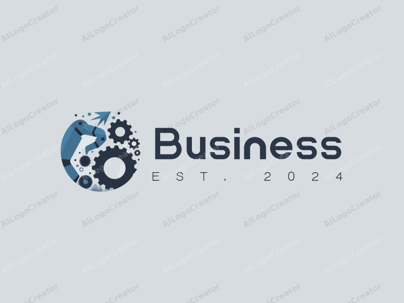 a modern minimalist design featuring a stylized robotic arm and gears, combined with office and corporate elements, set against a clean background in blue and gray tones.