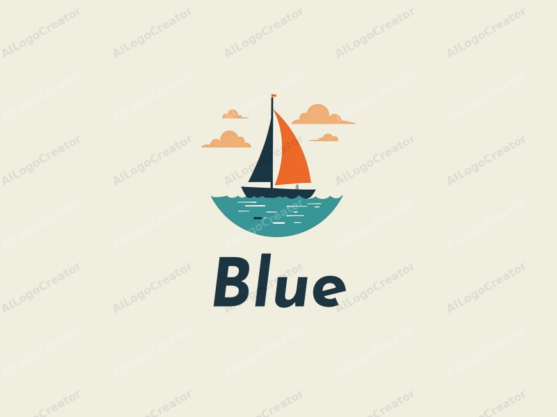 minimalist design features a stylized sailboat gliding over a calm ocean under a clear sky with soft clouds, combined with a clean background.