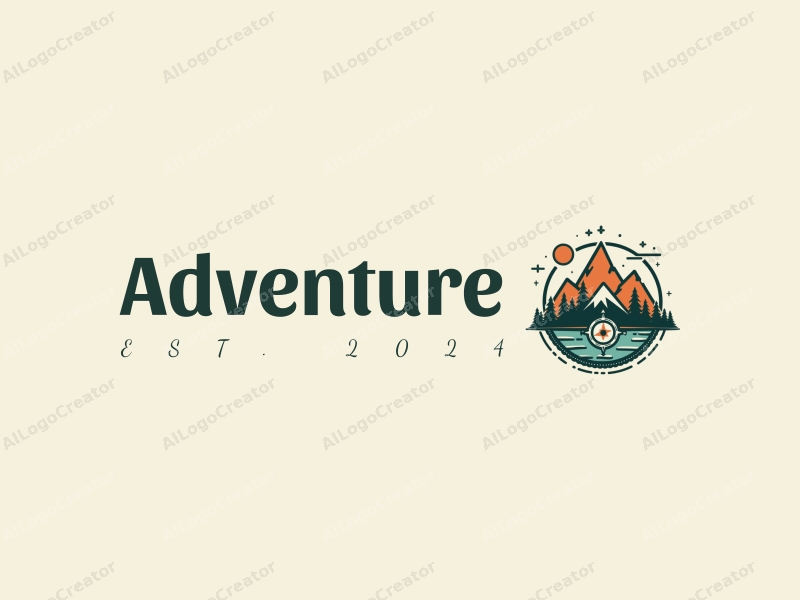 playful design features stylized mountains and a compass, combined with adventure elements, set against a clean background.