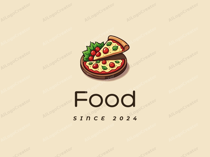 a modern design featuring vibrant colors, a stylized pizza slice and a fresh salad, combined with a clean background and a harmonious composition.