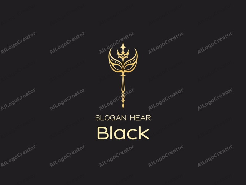 minimalist design features a stylized scepter and mask, set against a black background, evoking a sense of elegance and mystery, with a clean and harmonious composition.