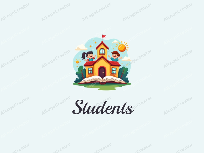 playful design features cheerful students, a stylized school building, open books, and lightbulbs, combined with a vibrant and colorful background.