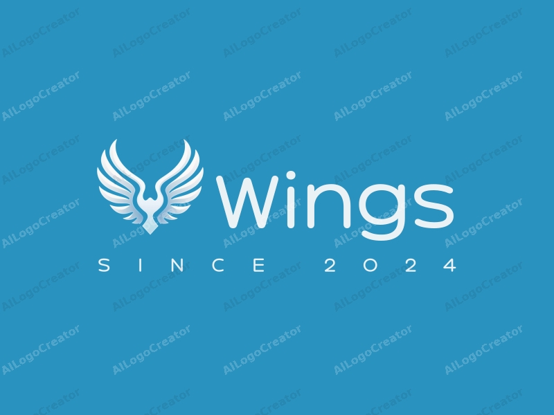 playful design features stylized wings in flight, incorporating elements of technology and power, combined with a clean blue background.