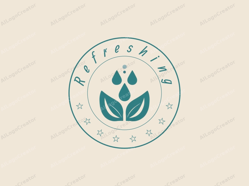 minimalist design features fresh and natural elements, incorporating stylized water droplets and leaves with a clean background.