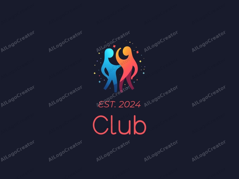 a modern design featuring dynamic shapes representing nightlife and social gatherings, incorporating vibrant blue and red colors with a clean black background, emphasizing energy and excitement.