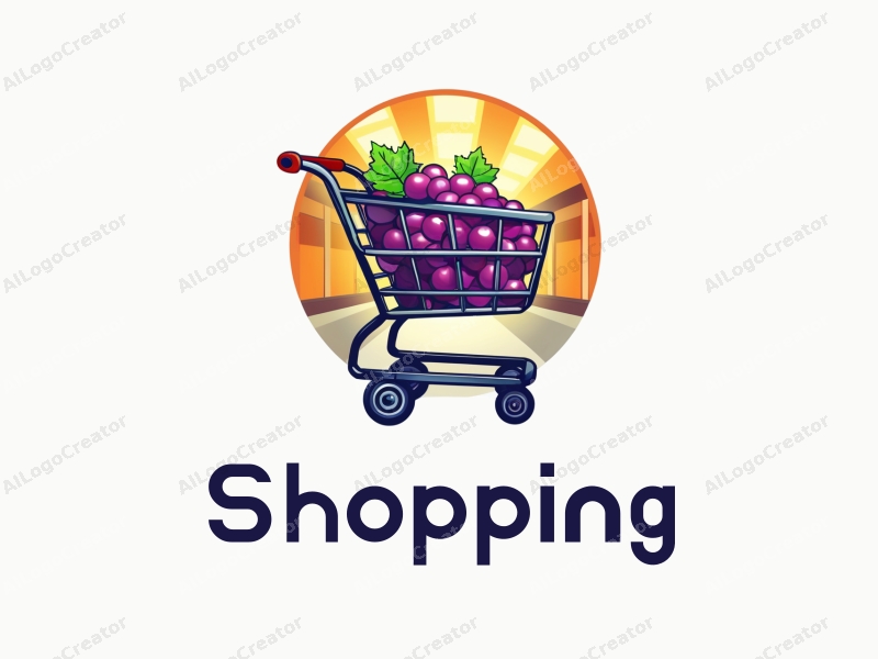 a modern design featuring a colorful shopping cart filled with grapes, set against a stylized mall background, emphasizing a vibrant and dynamic retail atmosphere.