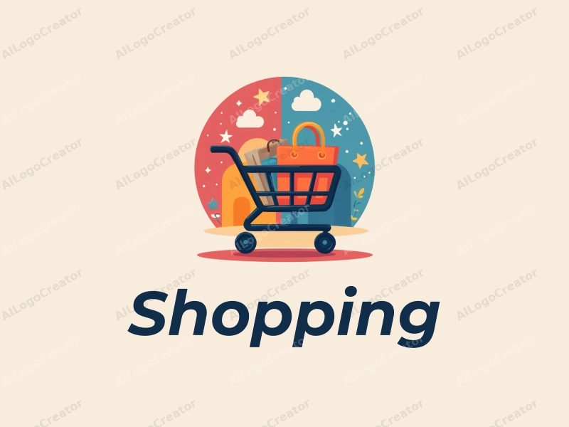 a modern design featuring a colorful shopping cart and shopping bag, combined with a vibrant mall background, emphasizing a clean and harmonious composition.