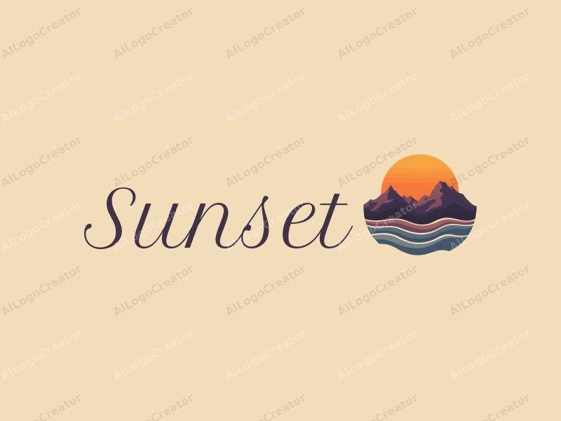 vintage design features a stylized sunset over mountains, with gentle waves in the foreground, using a harmonious blend of orange and purple colors against a clean background.