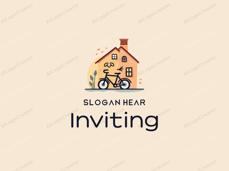 playful design features a whimsical invitation card, a welcoming gesture, a stylized chimney, and a bicycle, combined with warm tones and a clean background.