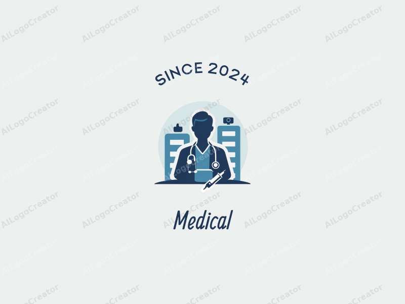 modern design features a stylized hospital silhouette, a doctor figure, a stethoscope, and a syringe, combined with a clean background.