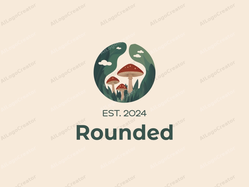 geometric design features circular shapes and curves, incorporating stylized mushrooms and leaves, combined with a clean background.