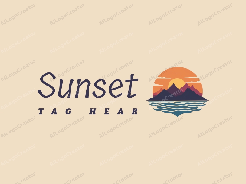 vintage design features a stylized sunset over mountains, with gentle waves in the foreground, using a harmonious blend of orange and purple colors against a clean background.