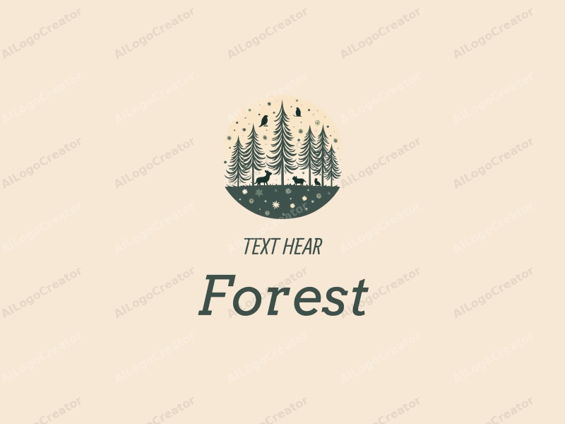 vintage design features a serene forest landscape with stylized trees, delicate leaves, and small animals integrated harmoniously, combined with a clean background.