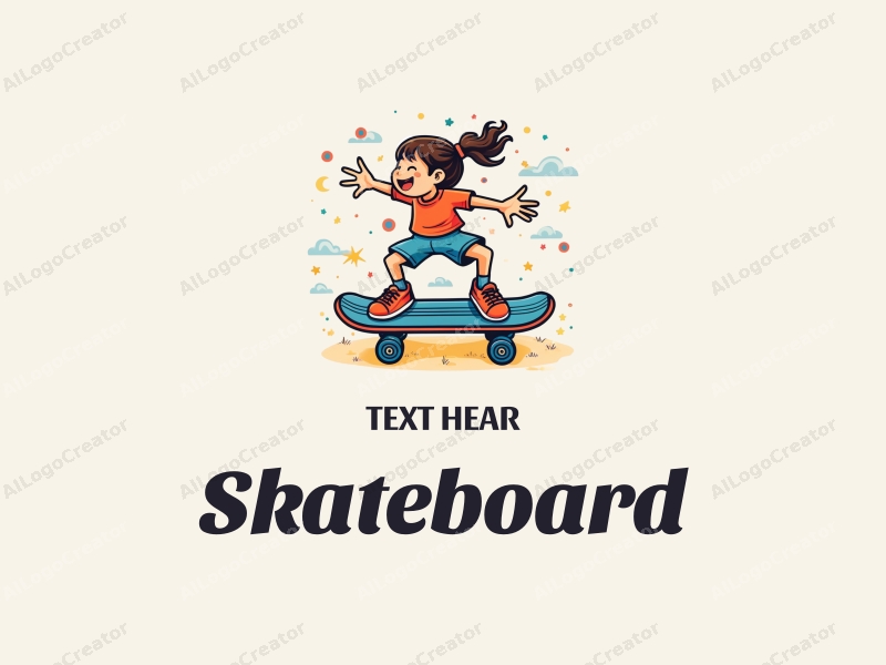 playful design features a vibrant skateboard, joyful children playing, and a whimsical approach combined with a clean background.