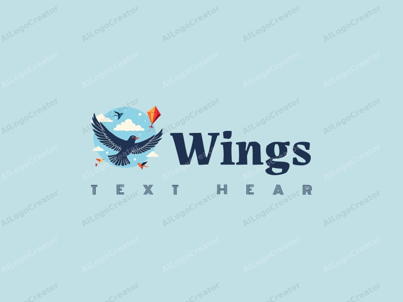 playful design features stylized wings, flying birds, and kites combined with a clean blue background.