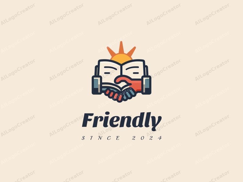 playful design features a stylized book and a handshake, combined with a clean background, emphasizing friendship and community in an educational and social context.