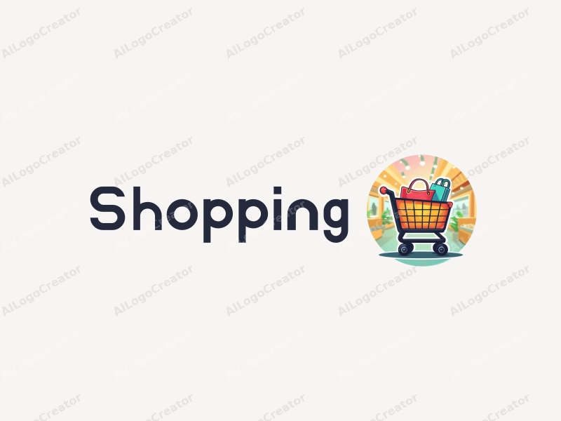 a modern design featuring a colorful shopping cart and a shopping bag, combined with a vibrant mall background, emphasizing a clean and harmonious composition.