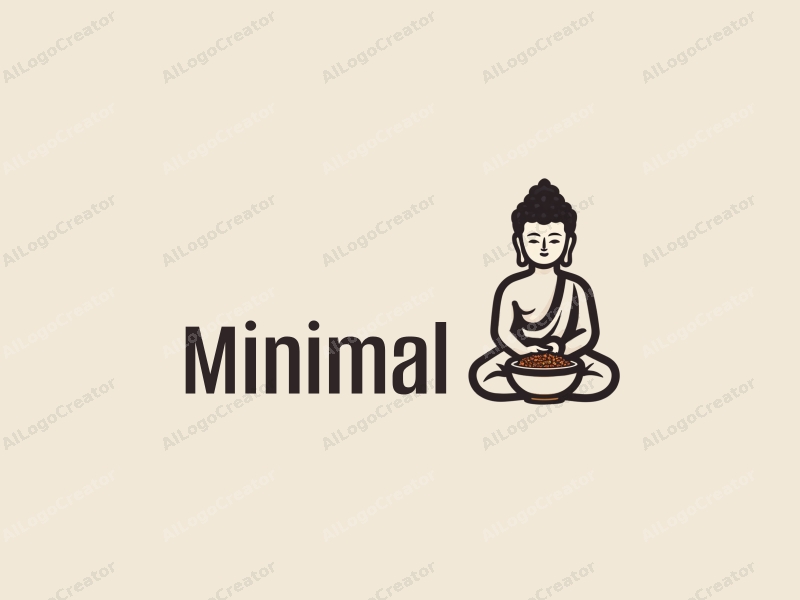 minimalist design features a stylized seated Buddha in a serene pose, a generous bowl filled with food, combined with a clean background and harmonious composition.