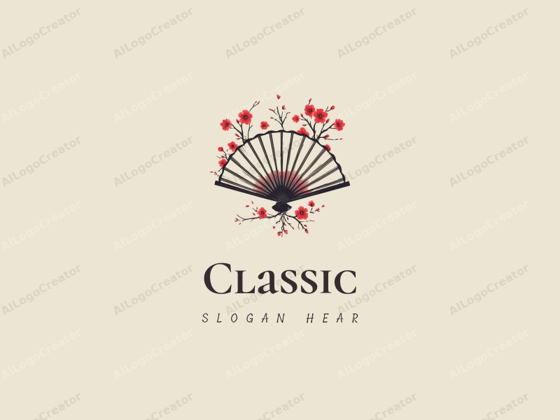 vintage design features a stylized fan and plum blossom, incorporating classic and traditional elements with a harmonious composition on a clean background.