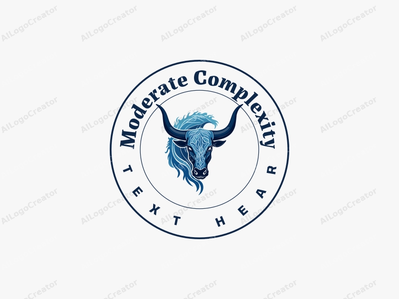 modern design features an intricate bull silhouette intertwined with ocean waves, utilizing a blue color palette, combined with a clean background.