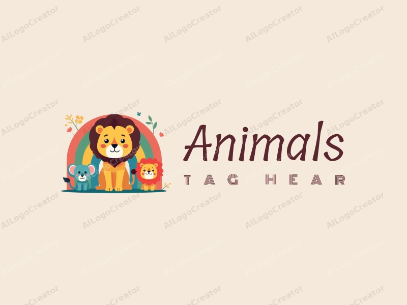 playful design features a small lion with a vibrant rainbow, incorporating various colorful wild animals in a harmonious composition against a clean background.