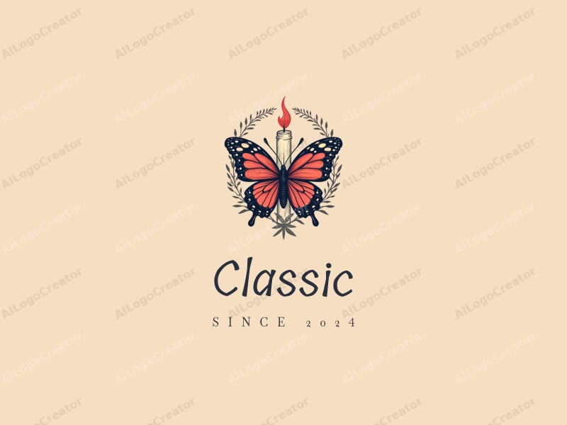 vintage design features a stylized butterfly and a classic candle, combined with a harmonious composition and a clean background.