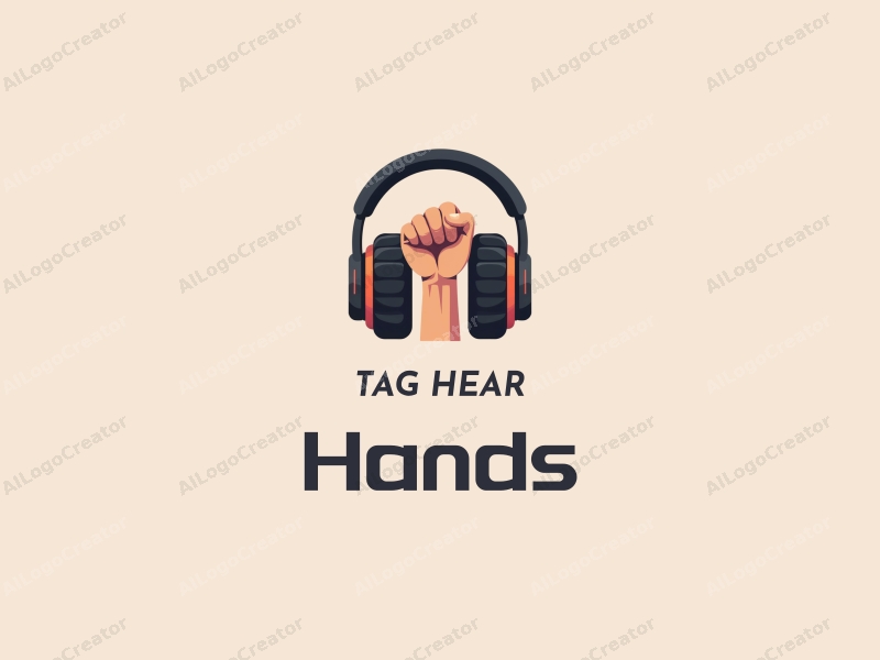 a modern design featuring a hand holding headphones with racing elements, incorporating skin tone colors, combined with a clean background.