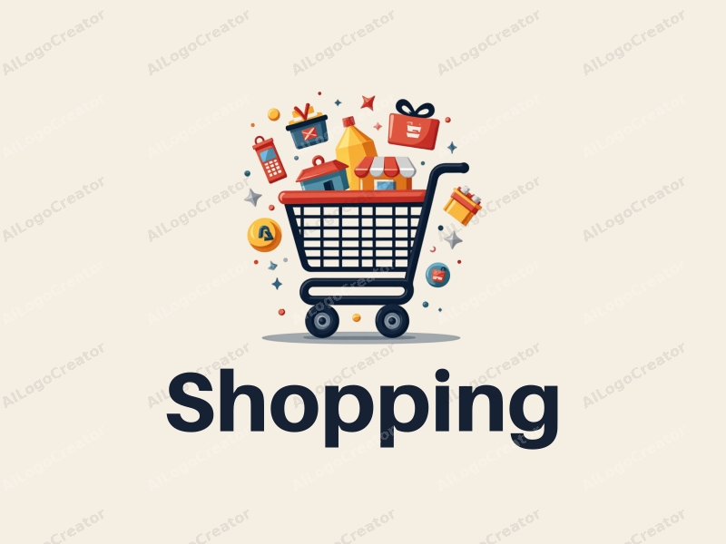 a modern design featuring a colorful shopping cart and a stylized mall, combined with a shopping basket and store elements, all presented in a clean and harmonious layout.