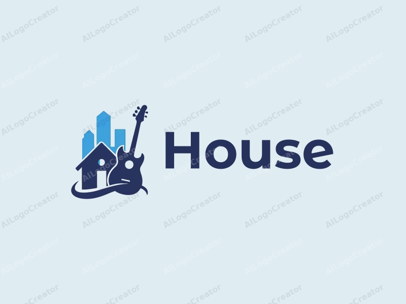 modern design features a stylized house and building silhouette intertwined with a guitar, using a blue color palette combined with a clean background.