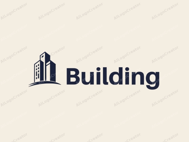 minimalist design features a stylized building silhouette, structural elements, and a blueprint design approach combined with a clean background.