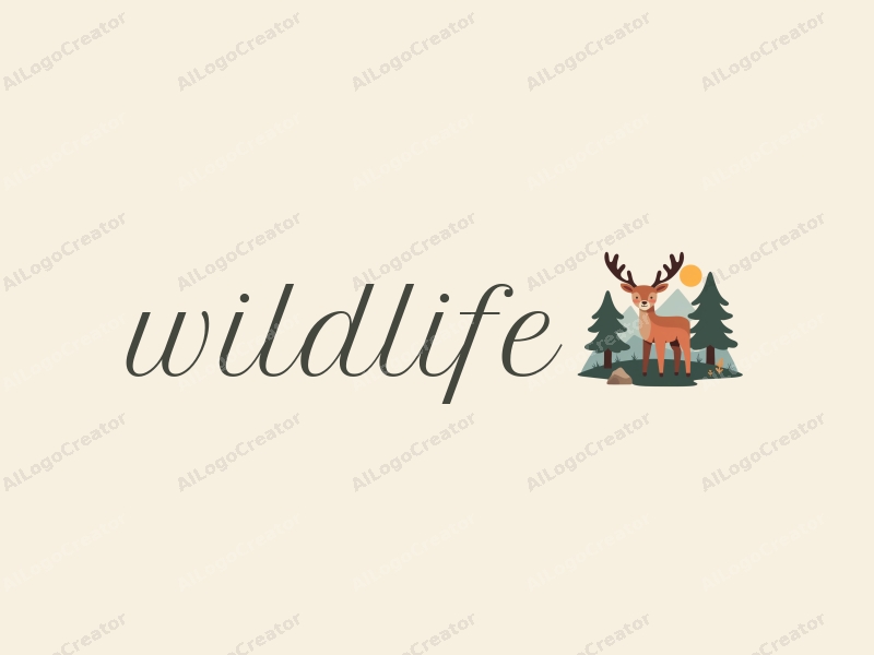 playful design features a stylized deer among trees, surrounded by natural landscapes, using a harmonious blend of earthy colors and a clean background.