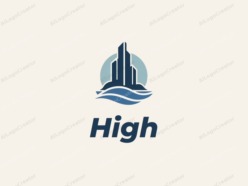 a modern design featuring a towering skyscraper rising above the ocean, with clean lines and a minimalist approach combined with a serene background.