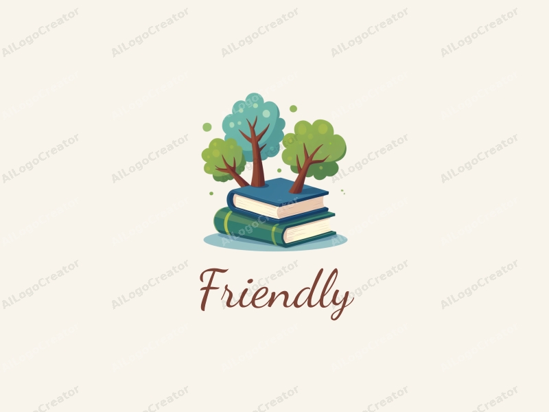 playful design features friendly books and trees, symbolizing friendship and education, combined with a clean background in blue and green tones.