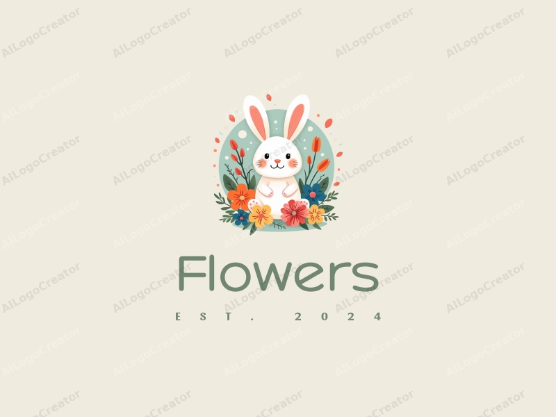 playful design features a whimsical rabbit surrounded by vibrant flowers and petals, combining a cheerful aesthetic with a clean background.