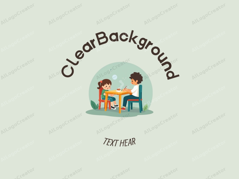 minimalist design features a stylized chair and table, incorporating playful elements for children and teenagers, combined with a clean and transparent background.