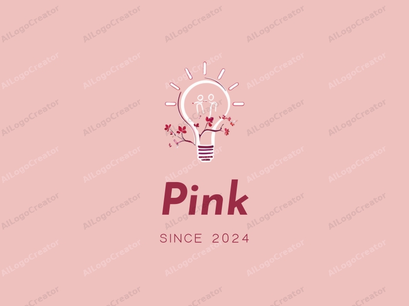 minimalist design features delicate cherry blossoms, a stylized light bulb, and a human figure, combined with a clean pink background.