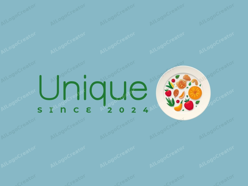 modern design features a stylized plate with abstract food ingredients, incorporating unique and innovative elements, combined with a clean blue background.