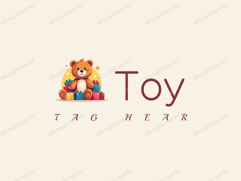 a playful design showcasing a stylized teddy bear surrounded by colorful building blocks, using a minimalist approach combined with a clean background.