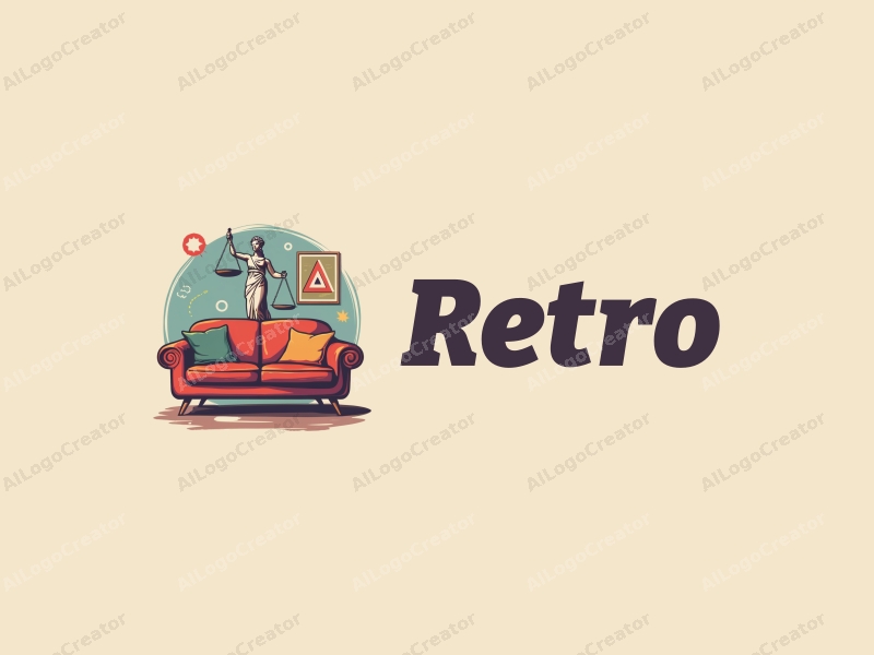 vintage design features a retro sofa and a retro poster, combined with a balance scale and a stylized goddess of law, set against a clean background.