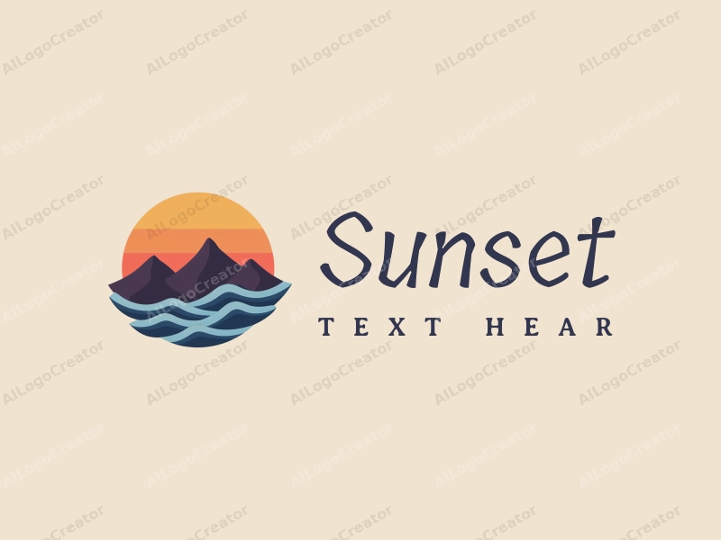 vintage design features a stylized sunset over mountains, with waves in the foreground, using a harmonious blend of orange and purple colors against a clean background.