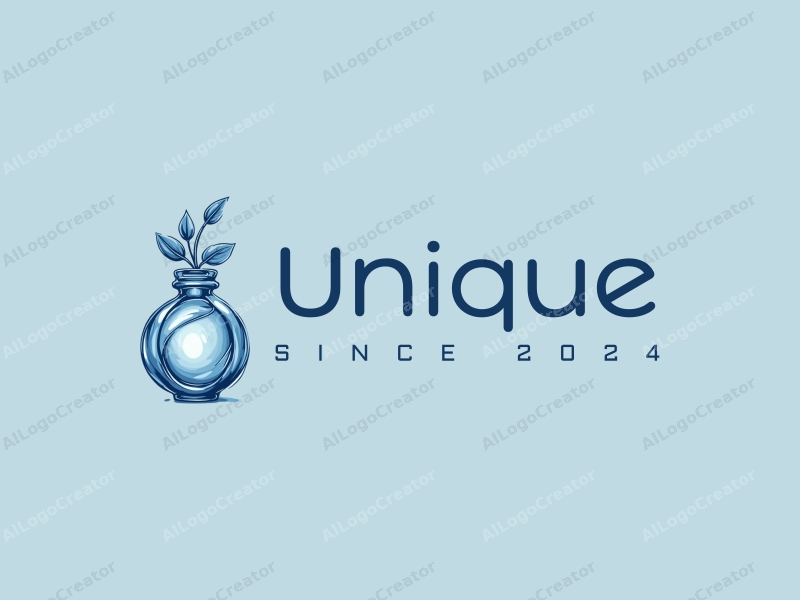 a modern minimalist design featuring a stylized perfume bottle intertwined with delicate flower petals, using a blue and white color palette, combined with a clean background for a fresh and innovative look.