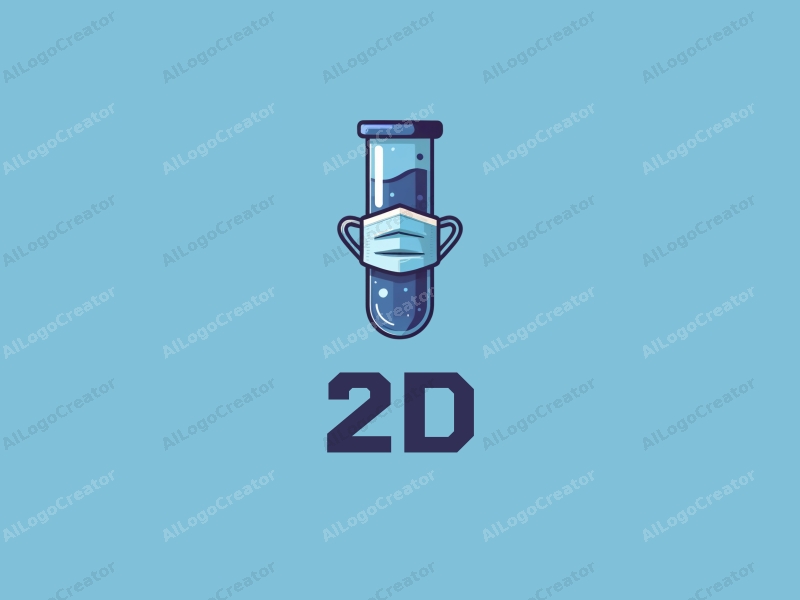 a modern design featuring a stylized test tube and a mask, combined with a flat 2D design approach and a clean blue background.