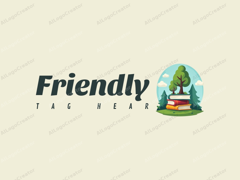 playful design features friendly books and trees, symbolizing friendship and education, combined with a clean background in blue and green tones.